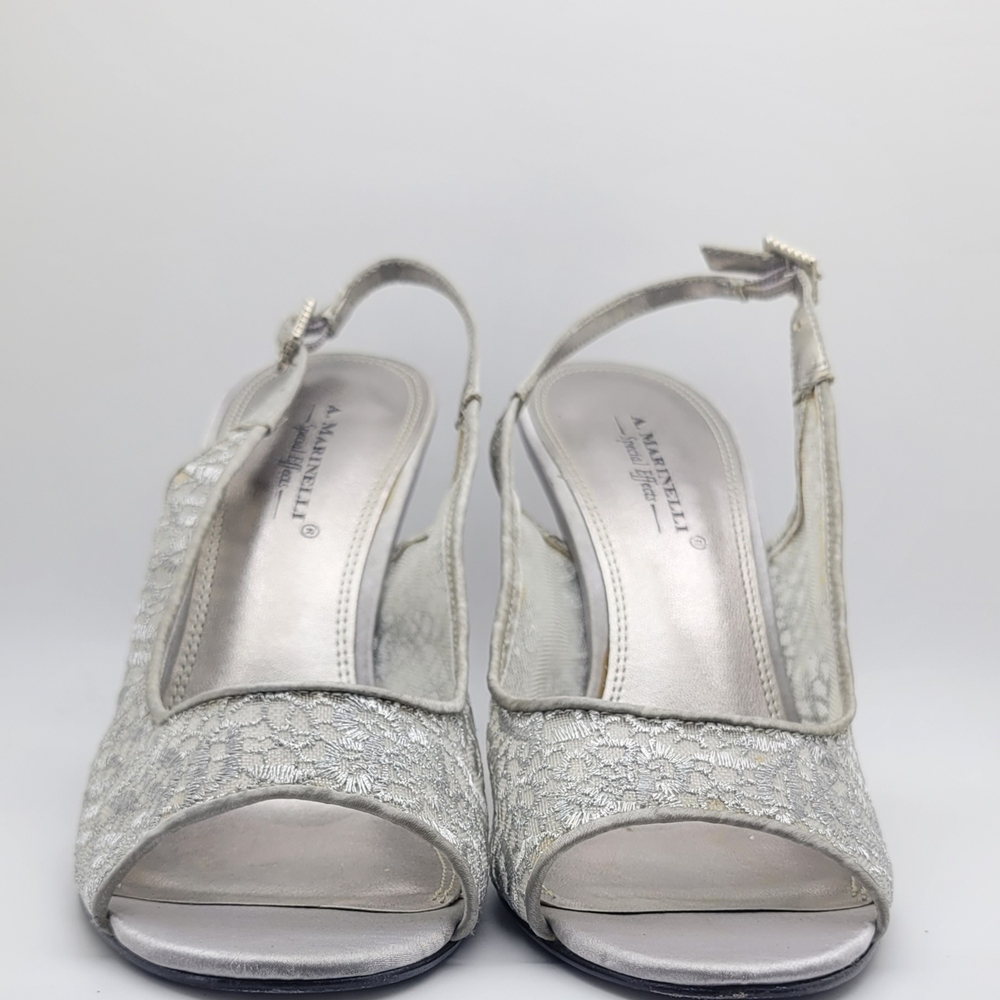 9.5M A. Marinelli Vintage Leather Shimmering Silver 3.5" Heels - Picture 3 of 10